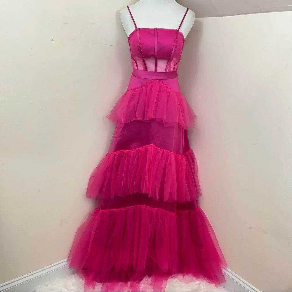 Fuchsia Pink Tulle Evening/ Prom Gown Corset Style Sheer S